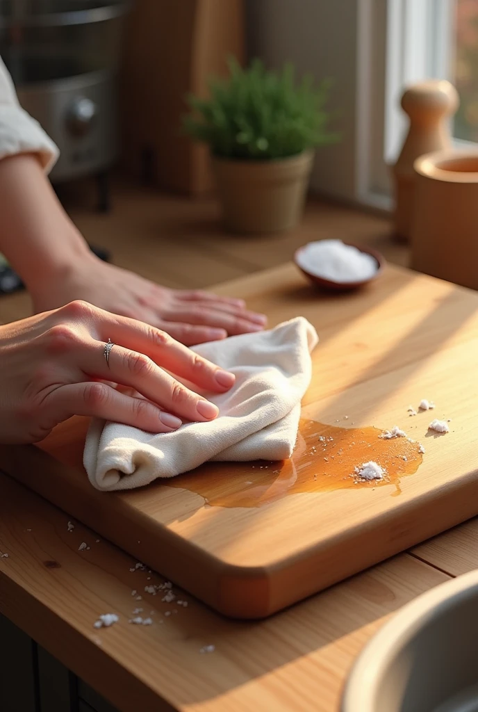 Taking off glove from hand in kitchen