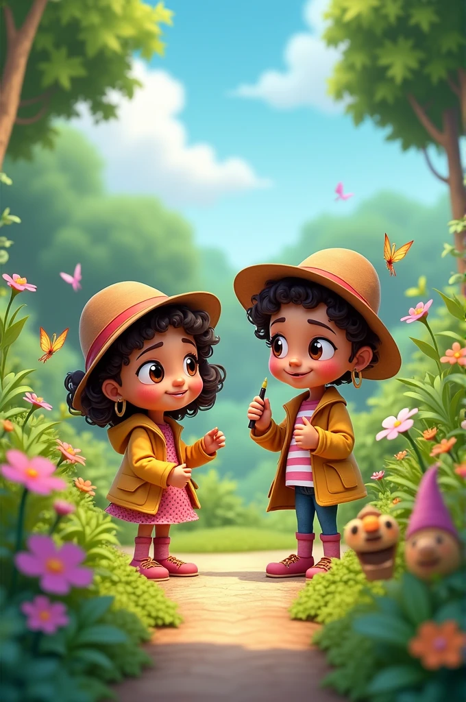 Cartoon style of 3d 7years lod girls "Show Laila and CA searching the garden for clues. CA is sniffing around the bushes and scratching the ground, while Laila looks under flowers. The scene should capture their teamwork and focus.Image 5