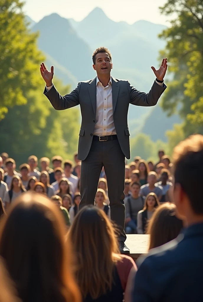 Man giving a big speech outdoors to students