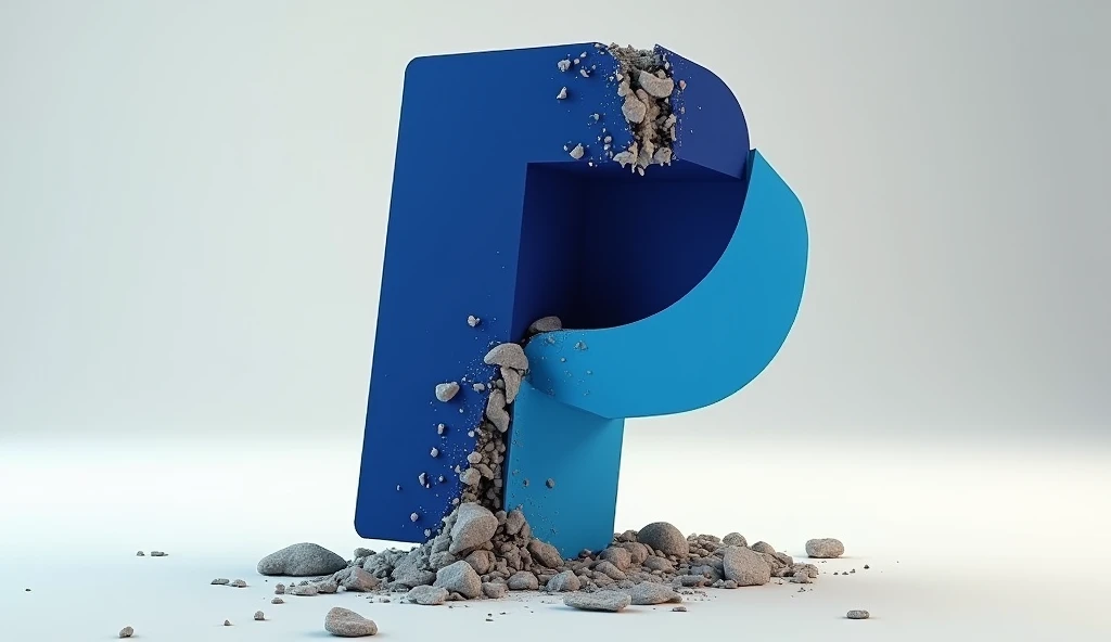 PayPal logo in 3D, half clean and half dirty and devastated