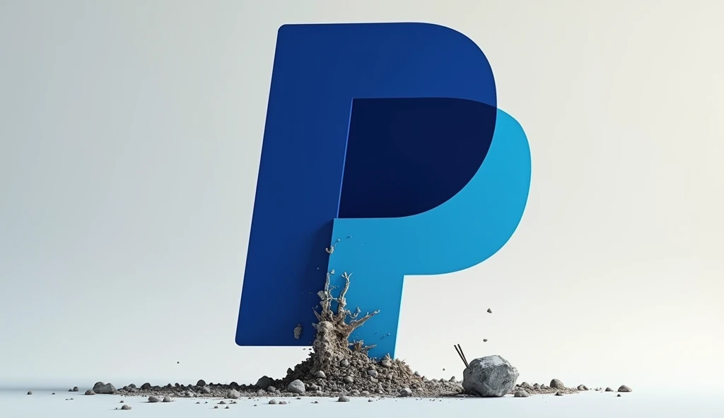PayPal logo in 3D, half clean and half dirty and devastated