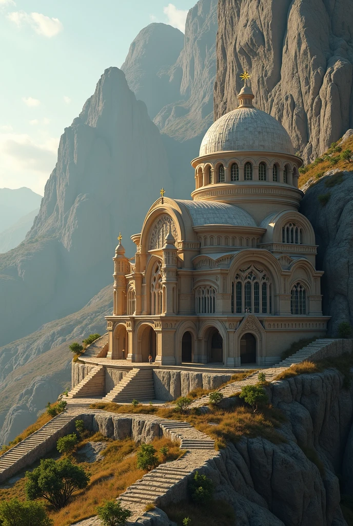 there is a large Ethiopian Orthodox Church building with hemispherical Dom that is built into the side of a mountain, intricate matte painting, matte painting of human mind, digital matte painting, ancient yet futuristic, elaborate matte painting, hyperdetailed 3d matte painting, hyperdetailed 3 d matte painting, extravagant matte painting, epic matte painting, epic cinematic matte painting, matte painting concept art, giant tomb structures