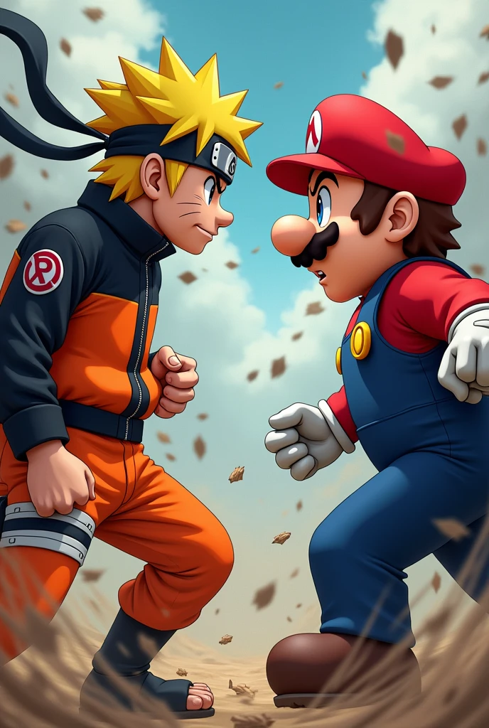 naruto olhando para o supermario em confrontamento, close-up, anime, anime style, motion blur, Action painting, Pop art, UHD, high details