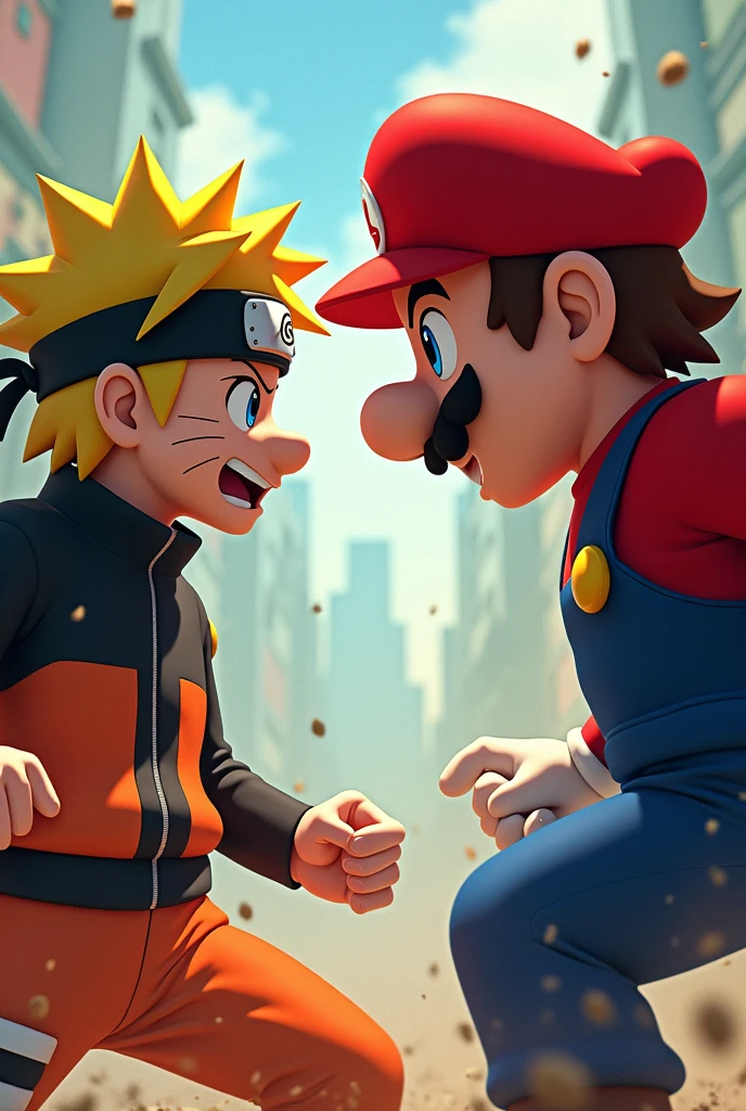 naruto olhando para o supermario em confrontamento, close-up, anime, anime style, motion blur, Action painting, Pop art, UHD, high details