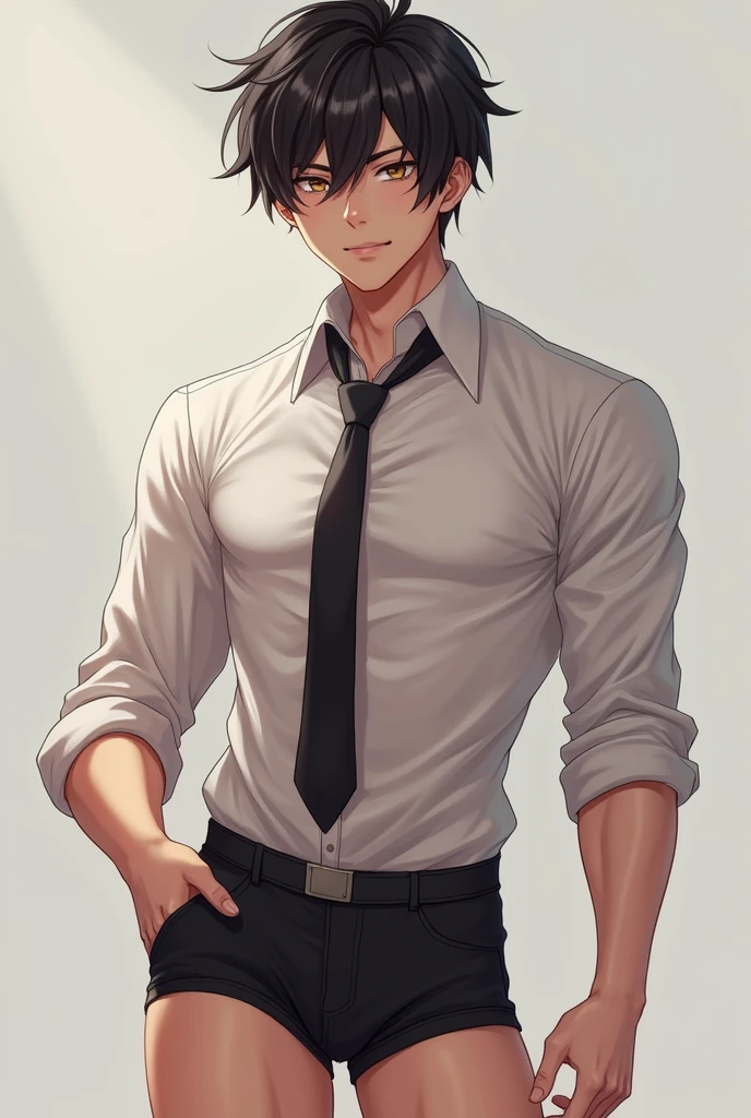 Sexy anime boy with slightly muscular body wearing a tie and black boxer briefs 
