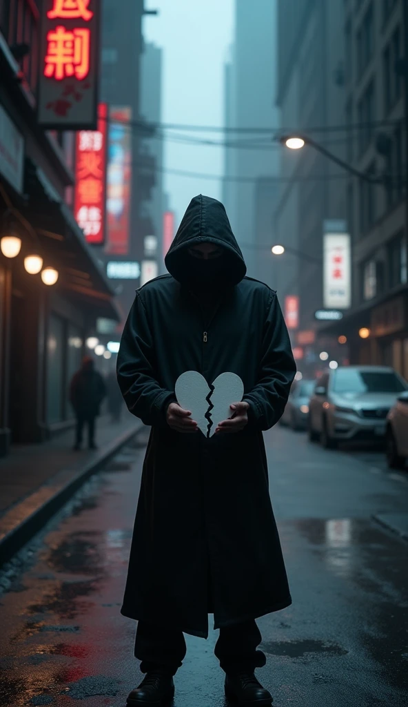 a hooded man standing on a city street at night, holding a broken black and white heart, city street cinematic lighting, beautiful and cinematic lighting, cyberpunk streets at night, dark cinematic lighting, cyberpunk street at night, beautiful cinematic lighting, traversing a shadowy city, cyberpunk night street, moody cinematic lighting, great cinematic lighting, he is traversing a shadowy city, cinematic night lighting