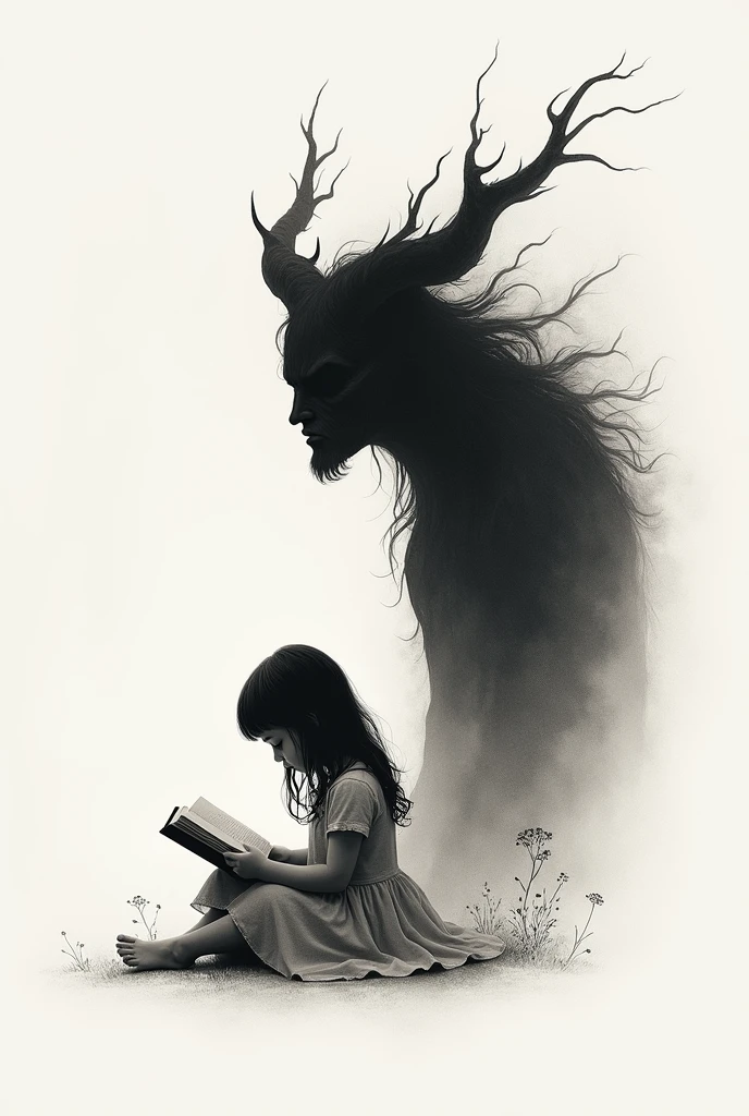 
**Detailed description for the tattoo:**
- **Main Silhouette**: A young girl sitting and reading a book, viewed from the side. She has long hair that gently falls over her shoulders. The silhouette is simple and clean, drawn with fine lines and without any fill.
- **Demonic Shadow**: The shadow cast by the girl forms the silhouette of a demon. The demon's shadow is dark and ominous, with more defined contours to contrast with the innocence of the girl's silhouette. Details like horns and a menacing posture can be included to enhance the dramatic effect.
- **Style**: The design is minimalistic, with a clear contrast between the simplicity of the girl's silhouette and the intensity of the demonic shadow. No heavy shading or bright colors—everything is done in black with subtle variations in the outlines.
- **Size**: Designed for the forearm, the size is moderate, making the details visible yet keeping the tattoo discreet.
- **Colors**: No bright colors, just black for a subtle and elegant effect.
