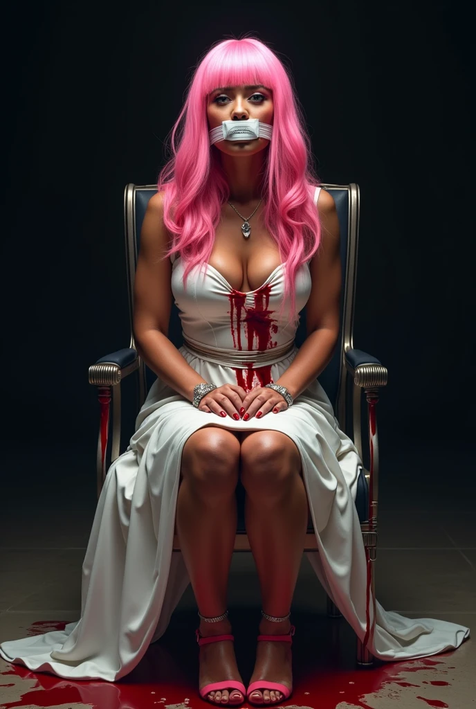 Nicki Minaj sitting in chair with duck tape around her mouth as blood drips off the stool and blood is all over her white dress. She’s wearing a pink wig pitch black background