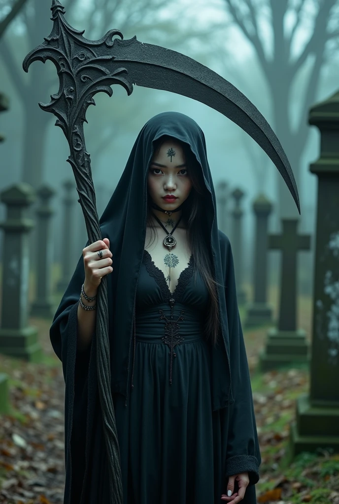 ((grim Reaper))、young woman、cute、1、Idol、Japanese、sexy、(((He carries a scythe as big as he is.)))、grim Reaperの鎌、Death Scythe、Bone Necklace、Background Graveyard、Tattoos on the face、(best quality,4K,8k,highres,masterpiece:1.2),ultra-detailed,(realistic,photorealistic,photo-realistic:1.37),HDR,uhd,studio lighting,ultra-fine painting,sharp focus,physically-based rendering,extreme detail description,professional,vivid colors,bokeh,cinematic lighting,dramatic shadow,