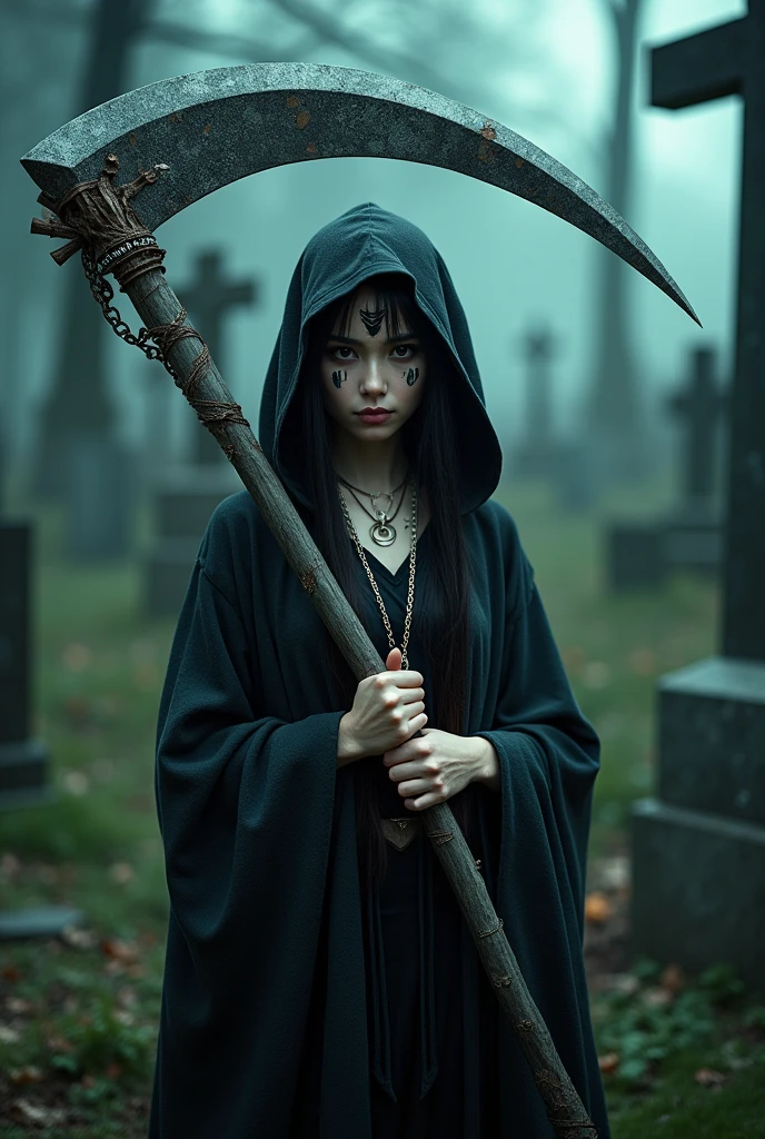 ((grim Reaper))、young woman、cute、1、Japanese、sexy、(((He carries a scythe as big as he is.)))、grim Reaperの鎌、Death Scythe、Bone Jewelry、Background Graveyard、Tattoos on the face、(best quality,4K,8k,highres,masterpiece:1.2),ultra-detailed,(realistic,photorealistic,photo-realistic:1.37),HDR,uhd,studio lighting,ultra-fine painting,sharp focus,physically-based rendering,extreme detail description,professional,vivid colors,bokeh,cinematic lighting,dramatic shadow,