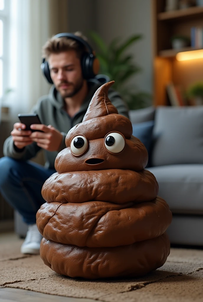 A Living Poop with Realistic Texture and Gamer Playing a Game on Phone with Headset
