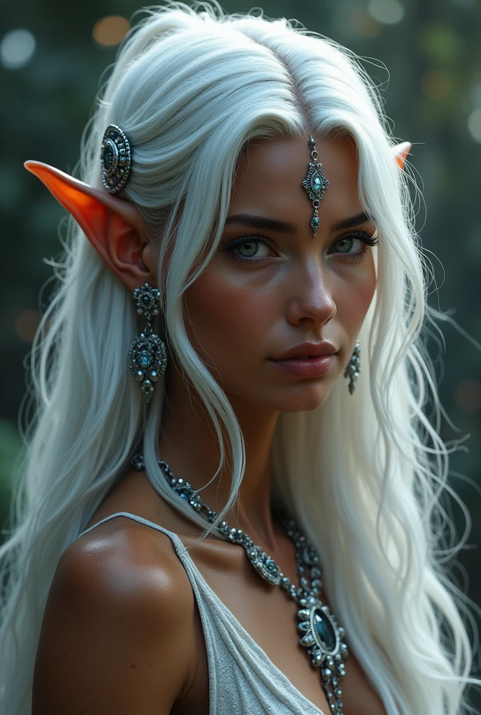 elf  woman, exuberante, with long, straight white hair, dark-skinned, small ears, silver jewelry.