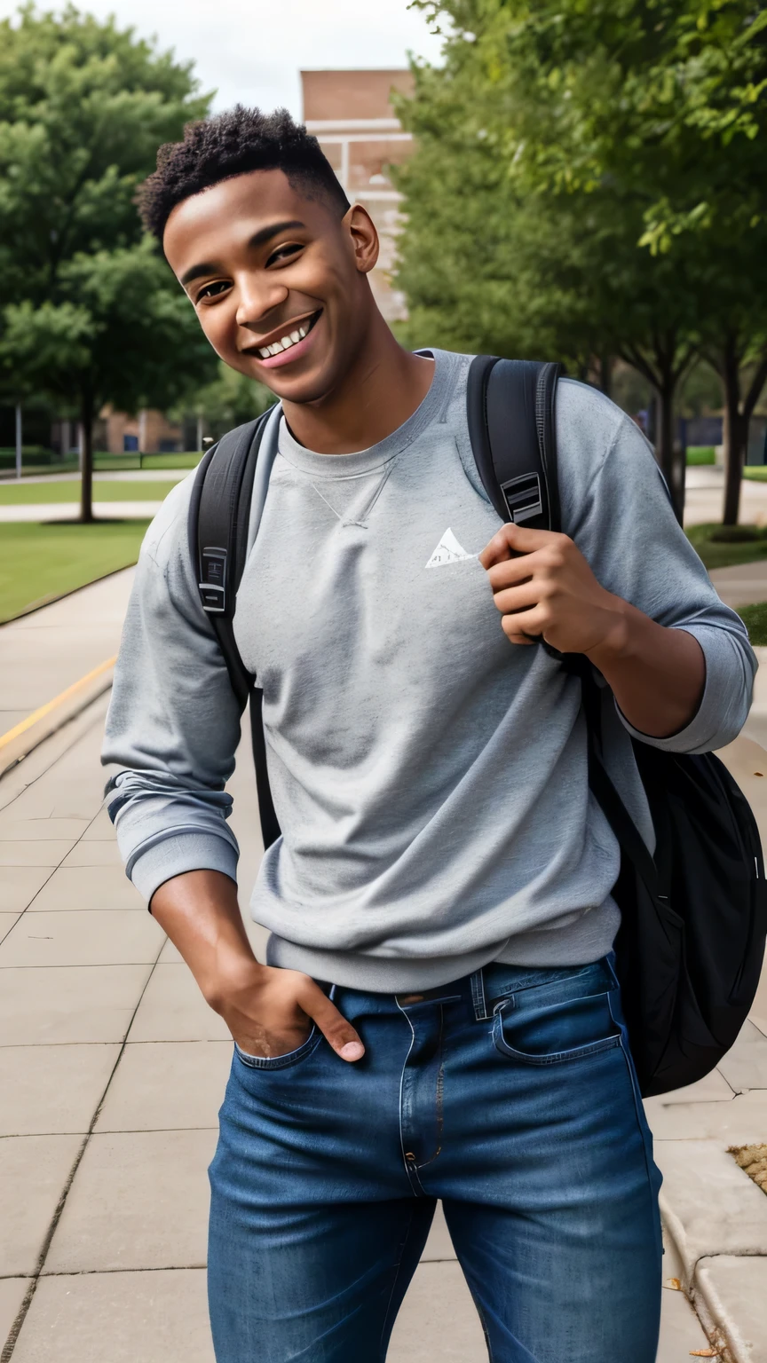 Light-skinned boy, very short black hair, smiling, wearing a shirt, an open black sweatshirt, jeans, and tennis shoes, outside a university. Backpack on his back.