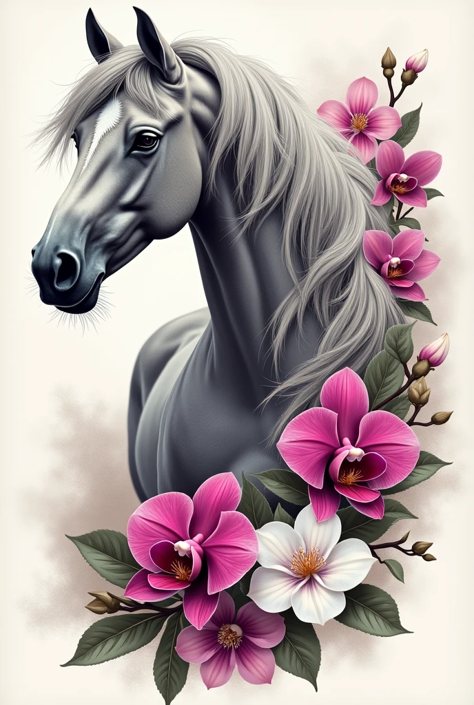 I want you to design me a unique and exclusive tattoo, Let it be a grey-haired horse and have fuchsia orchid flowers and white gardenias around it.
