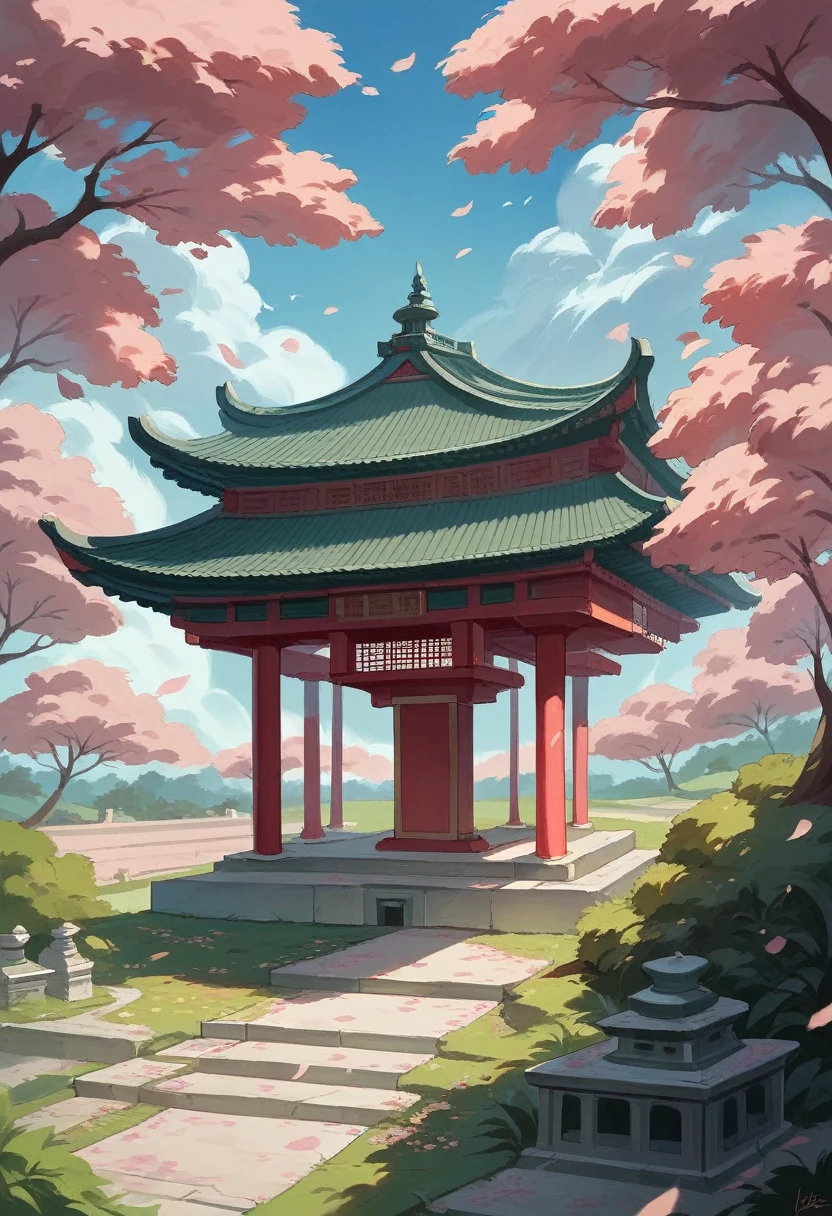 absurd, highres, ultra detailed, beautiful, masterpiece, best quality,Ancient temples, lush gardens, bright colors, quiet ponds, traditional architecture, cherry blossoms