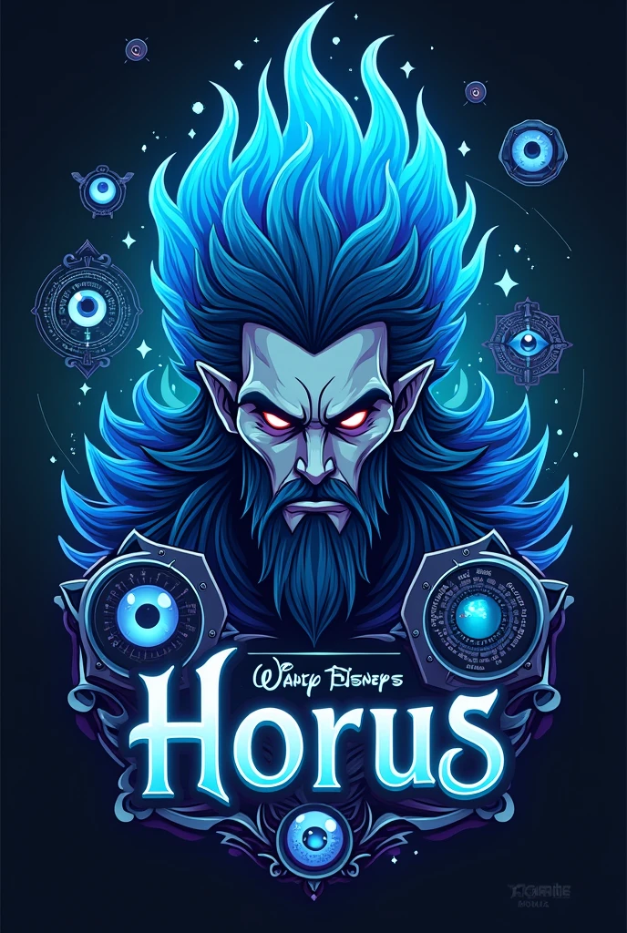 Create a logo that is artistic and involves the original villain Hades from the Disney movie and contains drawings about optometry including eyes or instruments used in the profession and contains a written title that says HORUS