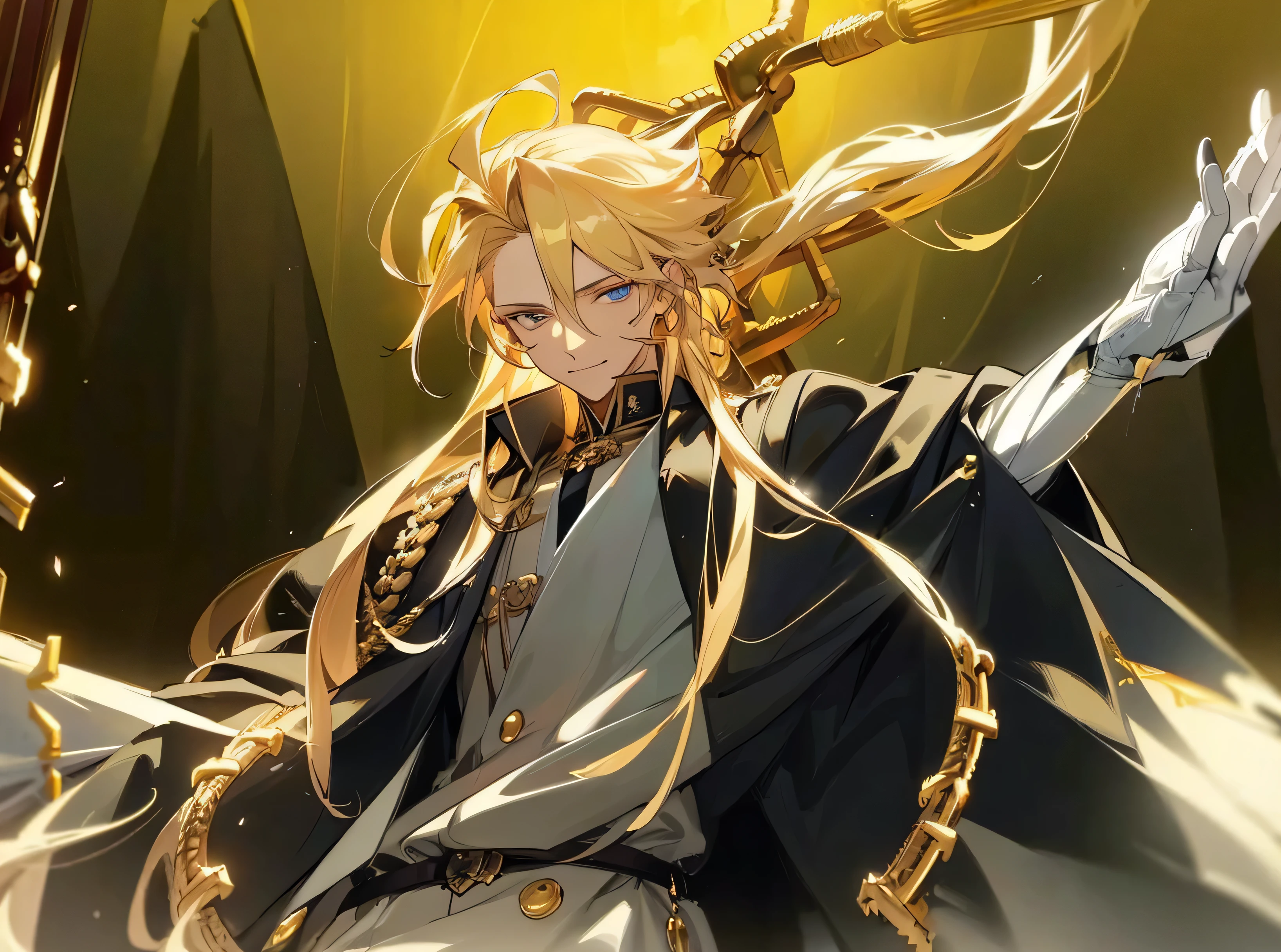 1male, mature man, golden hair, white military uniform, black military robe, golden eye pupils, detailed eyes, detailed pupils, long golden hair, detailed, detailed hair, cruel smile, golden glowing sky, dark atmosphere, gold light, gold gears, ((detail, very detailed, 8K)), ((best quality, best resolution)), ((masterpiece)).