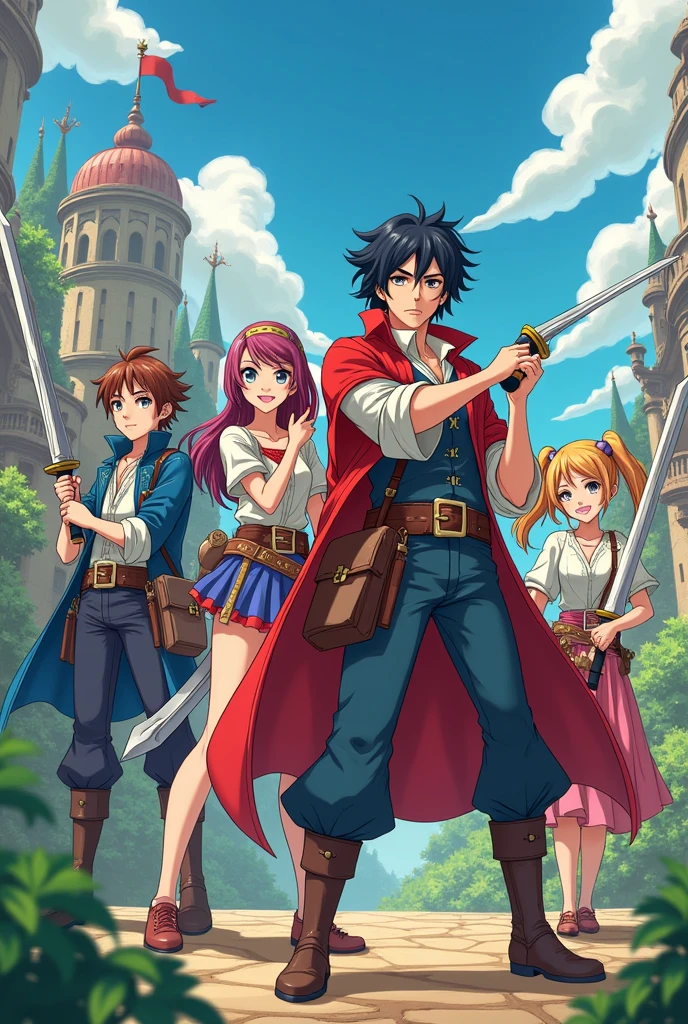 4 musketeers, two men and two women, a pair of each gender, can't have a mustache, make it in a cartoonish anime style