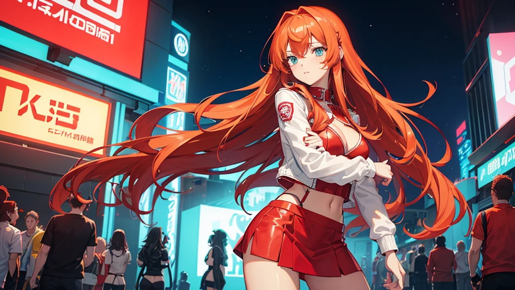 2d anime style, a beautiful woman with long curly brown hair, wearing a red miniskirt, white top and leather jacket is in front of a dance club that shines in neon on its facade the name "Technoir", night of a city in the 80s, lighting of streetlights and neon, high definition, high resolution, intricate details,