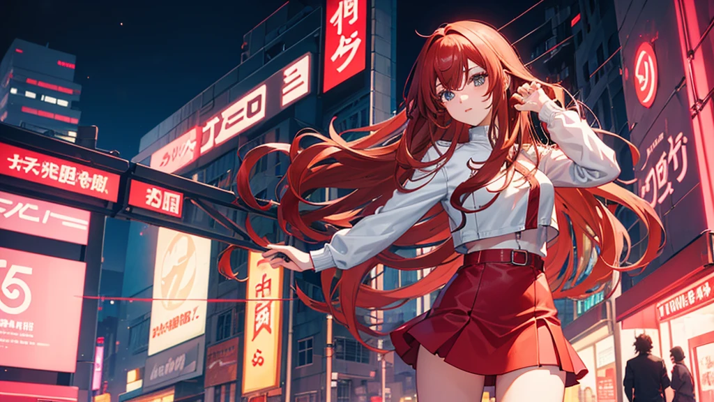2d anime style, a beautiful woman with long curly brown hair, wearing a red miniskirt, white top and leather jacket is in front of a dance club that shines in neon on its facade the name "Technoir", night of a city in the 80s, lighting of streetlights and neon, high definition, high resolution, intricate details,