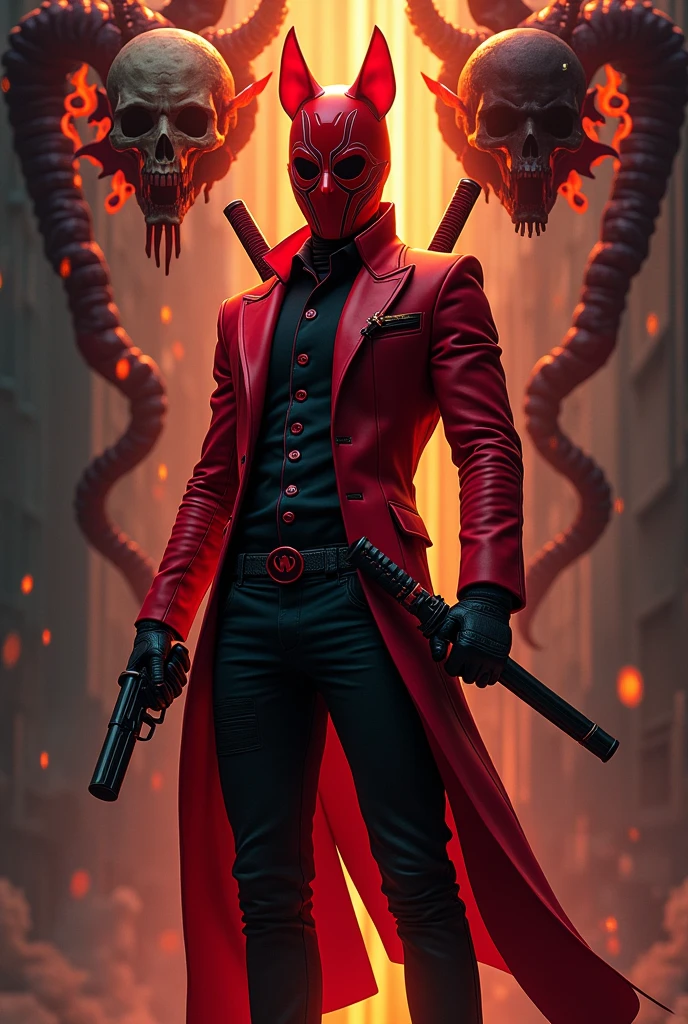 A landscape of Mexico/futuristic japan, at night with a man in a red suit with black lines, with red mask and black masks, Black gloves with red buttons and black capsules, black belt with red lines and in the center an image of the mask, Black shoes with red soles with black circles and 2 short katanas on his back with fire symbols, 2 pistols with fire symbols and a red flower resembling flames of fire in the front pocket of his suit (His suit looks like a business suit and his mask has more touches of black.) , His pants are black with red touches. He has flames coming out of his back in all directions like the tails of a kitsune, as well as many black whips like thick tentacles, and he is in the pose of unsheathing his katana. In addition to 2 demons on his back, 1 is a human skull on fire. The other is a black skull with a dark aura. The skulls are at the level of his shoulders, a little higher, and are the size of his torso.