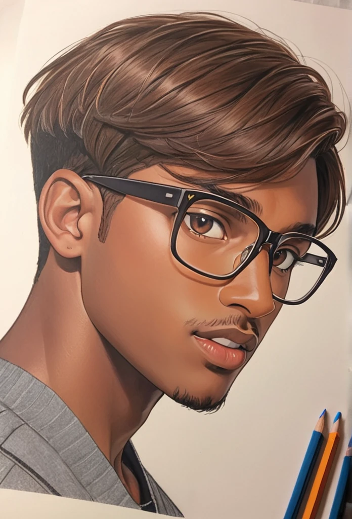 Jovem Adulto, masculine , glasses on the face, short brown hair, bangss, slightly dark skin，artistry，Ad，color pencil drawing，draft drawing 
