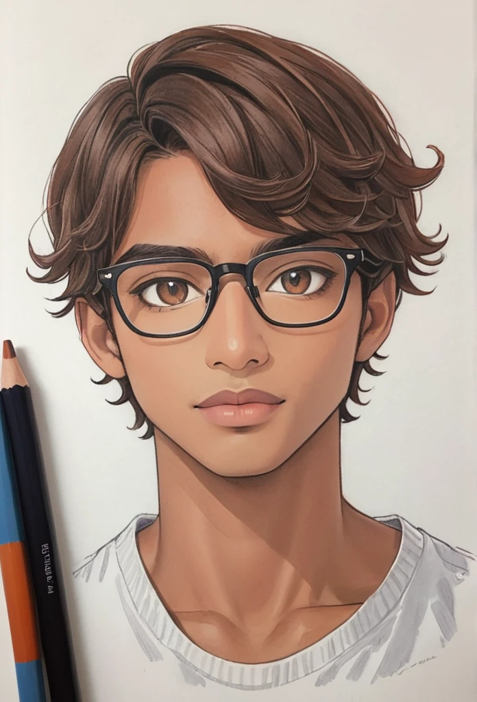 Jovem Adulto, masculine , glasses on the face, short brown hair, bangss, slightly dark skin,artistry,Ad,color pencil drawing,draft drawing