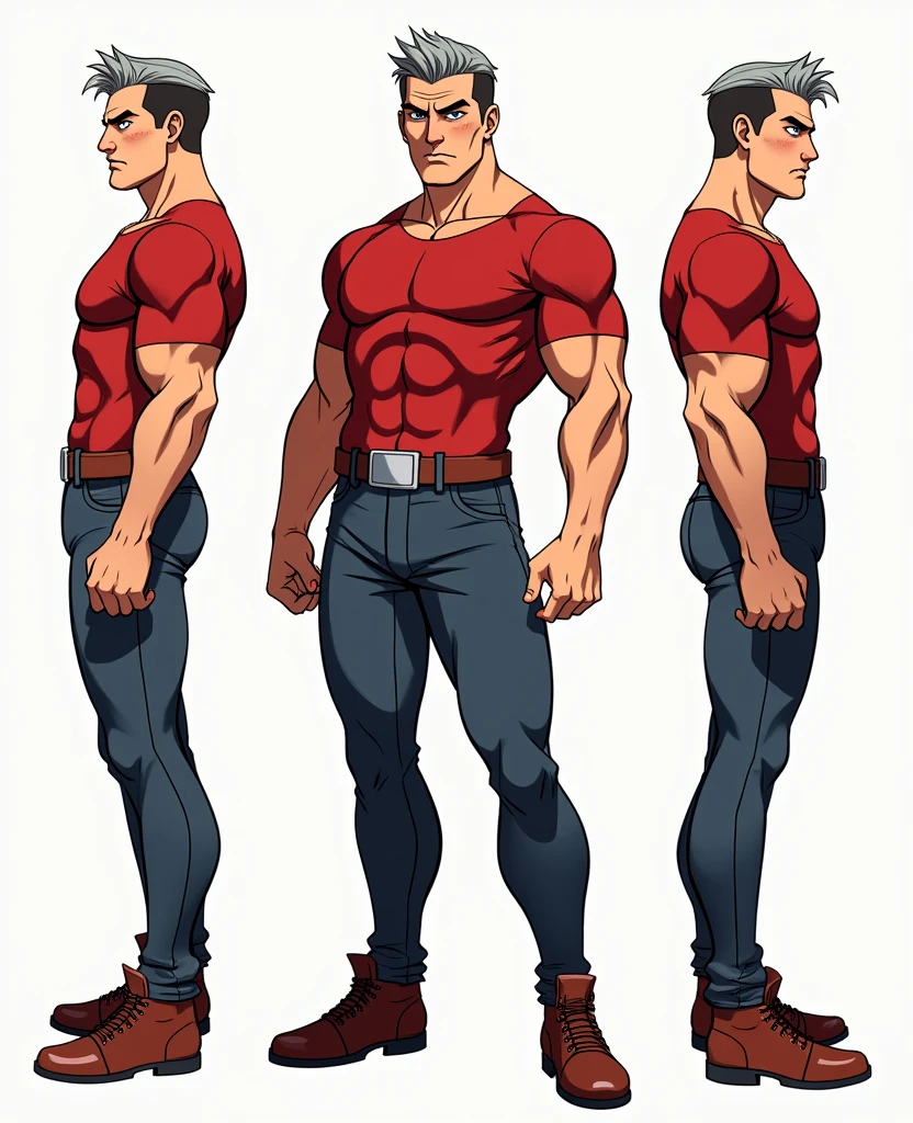 Character sheet image of an adult male named John Smith. He has fair skin with a few freckles, short gray hair slicked back with hints of brown, and intense blue eyes with a watchful expression. His build is stocky and muscular. The style should blend 1980s comic book art with 1980s anime, showing him in a firm, resolute pose Different angles, in the Miraculous Ladybug style, character sheet, white background --ar 3:2, character poses
