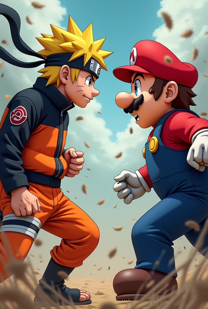 naruto olhando para o supermario em confrontamento, close-up, anime, anime style, motion blur, Action painting, Pop art, UHD, high details
