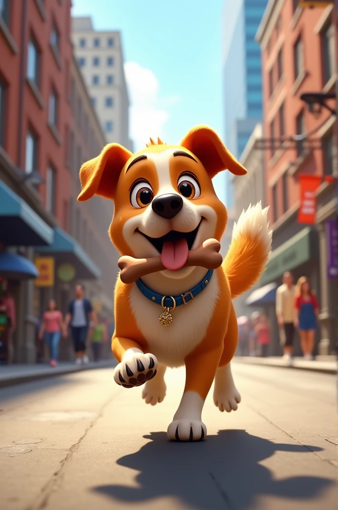 A dog walks down a busy street with a bone in its mouth and wagging its tail.