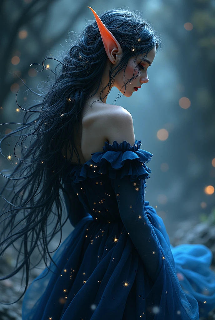  an elf with black hair with constellations and a long dark blue dress with constellations 