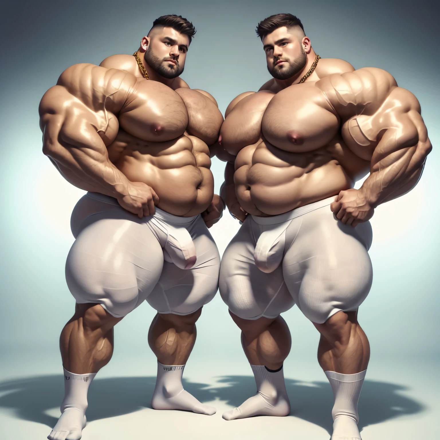 HQ photo, detailed faces, full body view, two shirtless beerbellied over-muscular bloated white european heavyweights males with undercut clean haircuts, lycra jumpsuits, in white pro sheer socks , overfed like obese gorets, over-muscular and fatly obese, posing flexing over-inflated triple-biceps . their pecs and bulges are touching. Their socks must be seen, pierced nipples with gold rings and chains