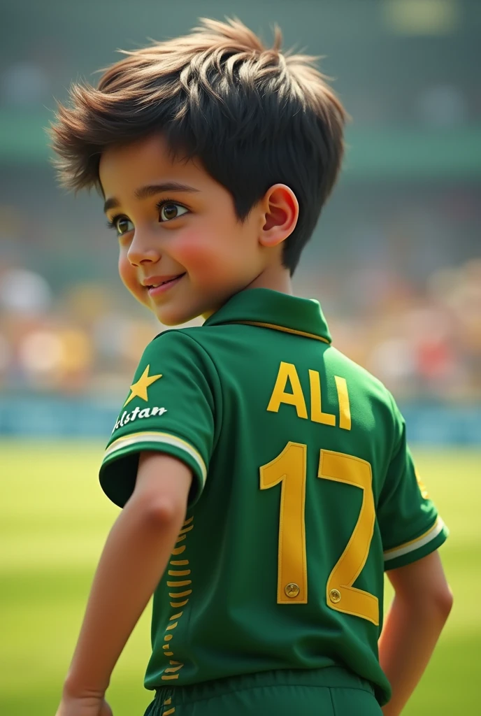 A boy wearing Pakistan cricket shirt and ALI is written on it image should b