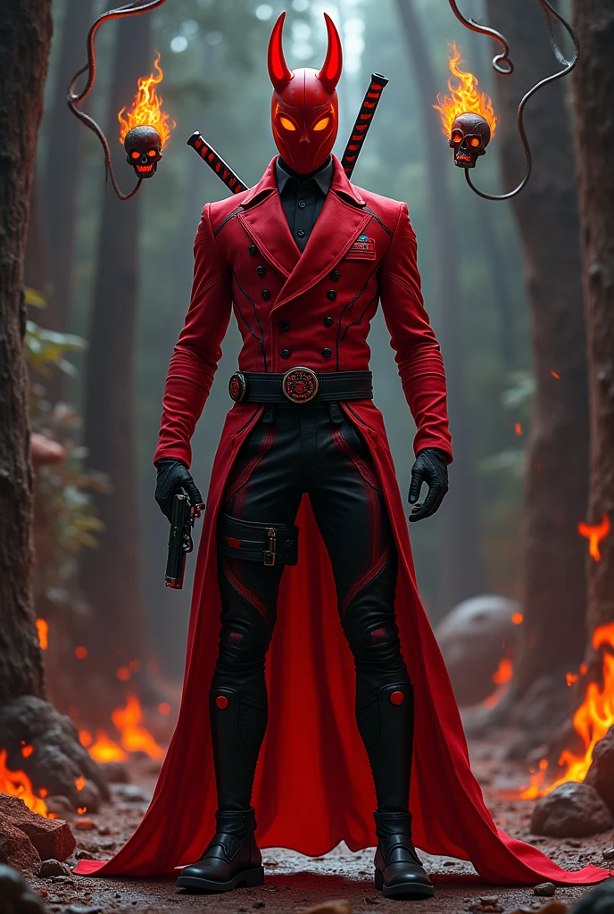 A landscape of Mexico/futuristic japan, at night with a man in a red suit with black lines, with a red mask and black masks with white eyes with black dots as well as 2 small red horns with black touches (no ears), Black gloves with red buttons and black capsules, black belt with red lines and in the center an image of the mask, Black shoes with red soles with black circles and 2 short katanas on his back with fire symbols, 2 pistols with fire symbols and a red flower resembling flames of fire in the front pocket of his suit (His suit looks like a business suit and his mask has more touches of black.) , His pants are black with red touches. He has flames coming out of his back in all directions like the tails of a kitsune, as well as many black whips like thick tentacles, and he is in the pose of unsheathing his katana. In addition to 2 demons on his back, 1 is a human skull on fire. The other is a black skull with a dark aura. The skulls are at the level of his shoulders, a little higher, and are the size of his torso.