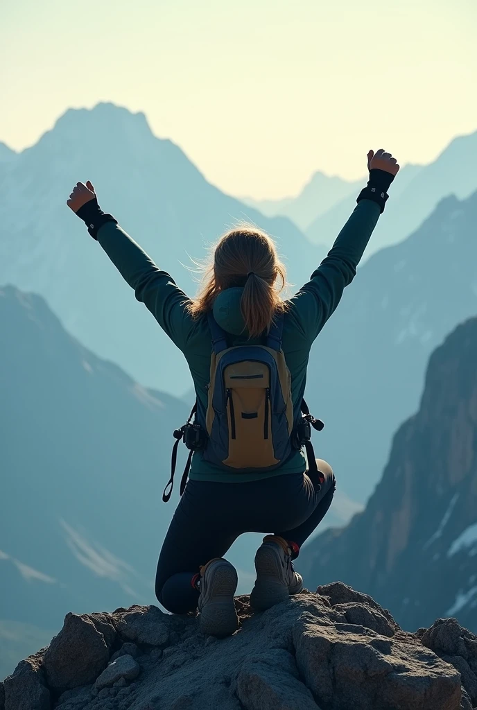 A woman top of a mountain on his knees pleased he reached the top, back view drone shoot.