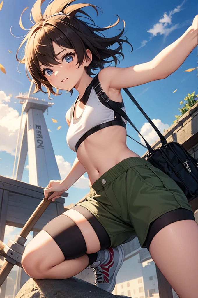 8k, highest quality, masterpiece, Wallpapers by Unity 8k, (One Girl) , 17 years old、 Perfect detail, (Best lighting) , (非常にComplexディテール)、 1girl, Round eyes、Very detailed, Complex、Small breasts、Short T-shirt、under boob、from below, blue sky