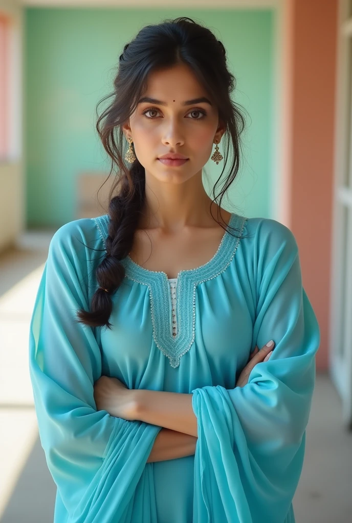 Aesthetic Photo of a girl wearing blue salwar kameez,with a 90s pose