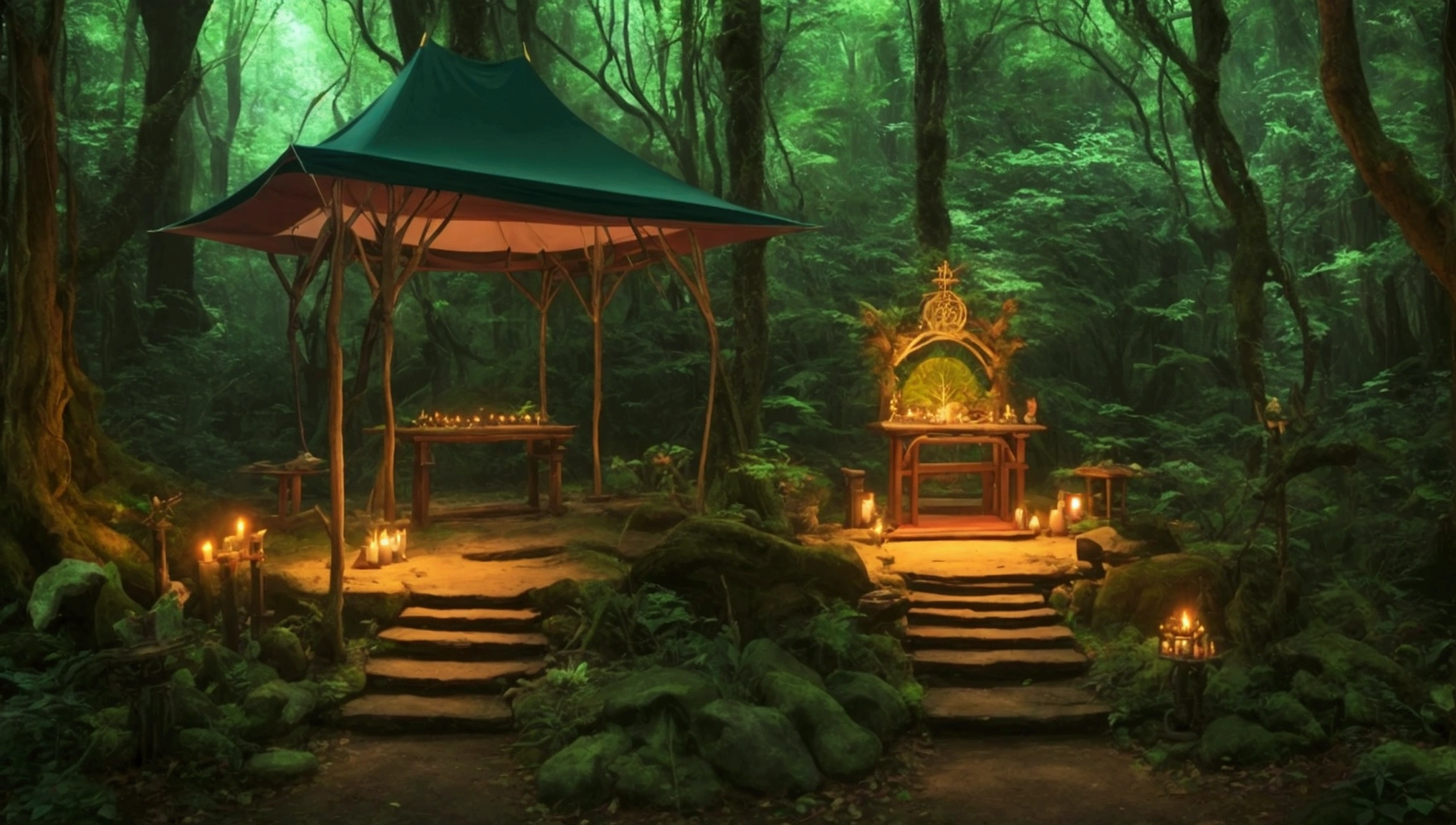 woods, forest, jungle, anime style, altar, ((altar)), magical altar, magic, altar under tent,
