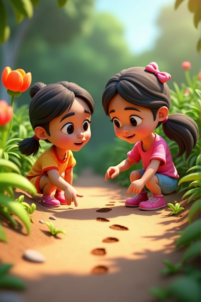 Cartoon style of 3d 7years lod girls Depict Laila and CA discovering a trail of tiny footprints in the garden dirt. CA is pointing with his paw towards the footprints, while Laila is closely observing them, looking intrigued. The scene is filled with a sense of discovery.