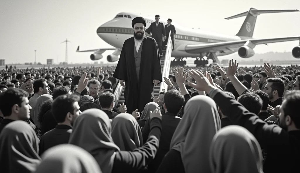 Prompt 8: A historic photograph of Ayatollah Khomeini’s return to Iran in 1979. The scene captures him stepping off the plane, surrounded by jubilant Iranian people. The women in the crowd wear hijabs, and everyone is eagerly reaching out to greet him. The bright daylight contrasts with the grainy, slightly faded quality of the old camera image, capturing the significance of the moment in Iranian history.

