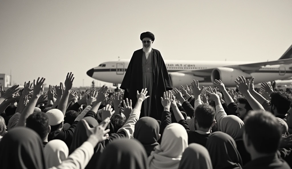 Prompt 8: A historic photograph of Ayatollah Khomeini’s return to Iran in 1979. The scene captures him stepping off the plane, surrounded by jubilant Iranian people. The women in the crowd wear hijabs, and everyone is eagerly reaching out to greet him. The bright daylight contrasts with the grainy, slightly faded quality of the old camera image, capturing the significance of the moment in Iranian history.

