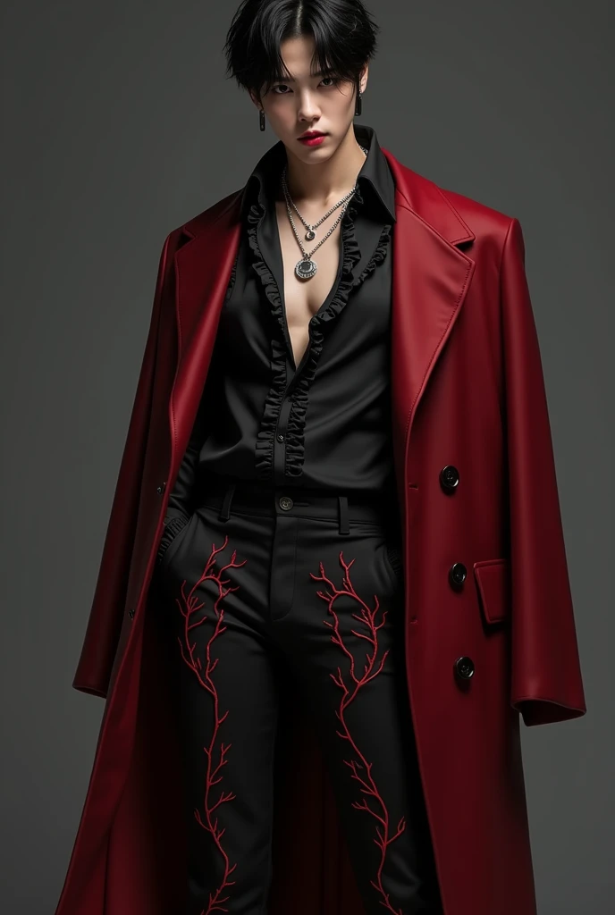 Create BTS's V with a charcoal black button-down shirt with ruffles at the collar and a plunging V-neckline, with a long platinum chain With a Moon pendant, Black flared pants that have red vines on them.branched out from one end to the knee giving it the appearance of tree branches soaked in blood and with a mahogany red coat that reaches the ankles