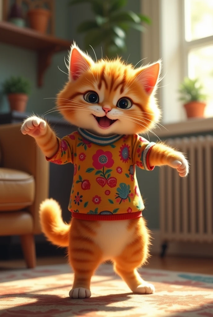 A cat wearing a shirt is dancing 