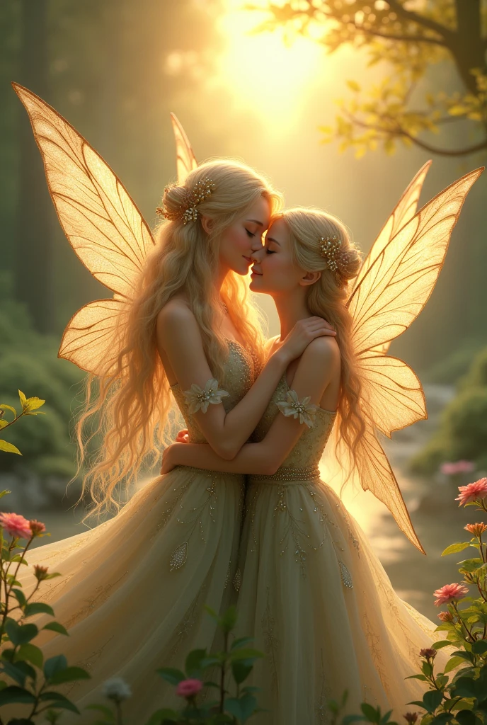 Sun with two fairy sisters hug