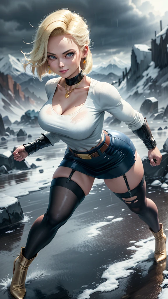 best quality, highres, and18, 1girl, android 18, solo girl, 1girl, blonde hair, blue eyes, belt, high heels, black long bodycon skirt, gold necklace, white blouse, short hair, blue sweater, earrings, medium breasts, cowboy shot, mountains, straight-on, (weather: raining and windy), wet body, sexy smile, combat stance, thigh high stockings, garter belt, battle ruins, wide hips, thick legs, torn clothes, closed fists, hair pin,