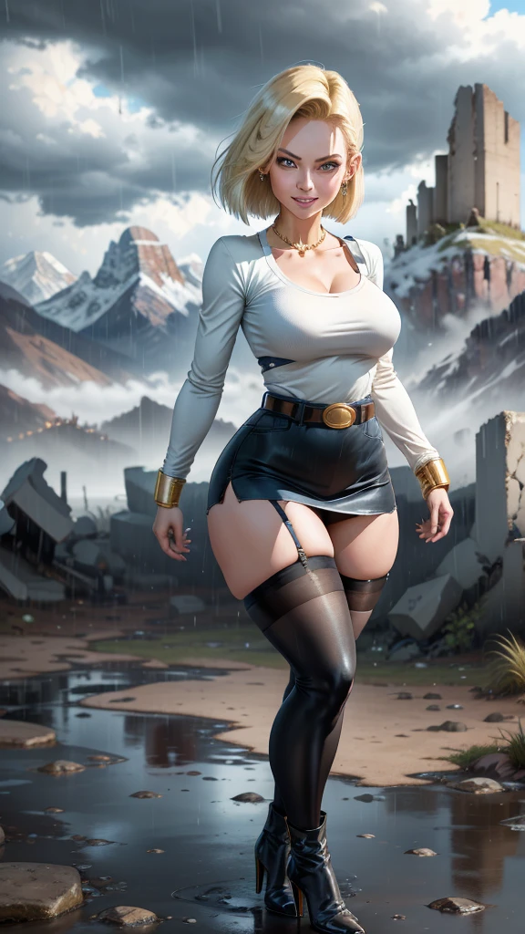 A beautiful woman with short white hair, full-bodied warrior with robust breasts, and strong thighs