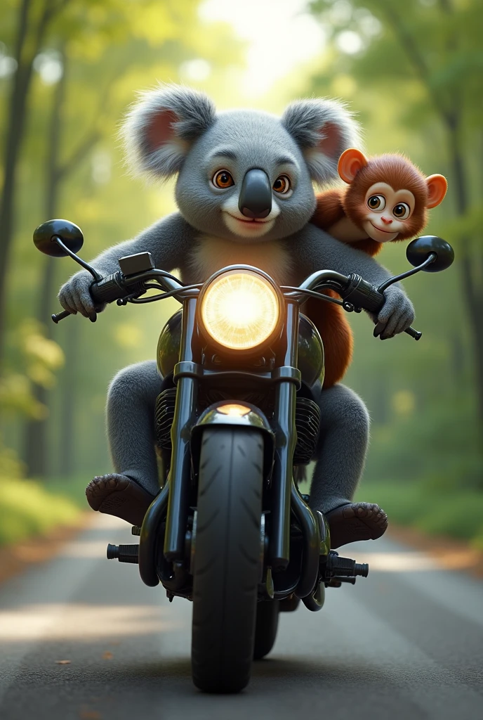 Koala on a motorcycle behind a monkey