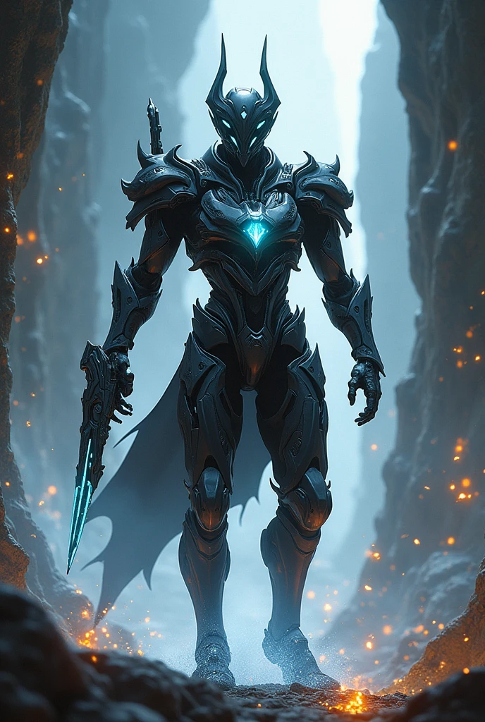 un warframe avec des trou noir et des epée et des lance