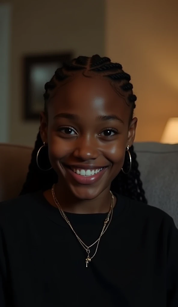 photo of African American girl with cornrows, sitting on the couch at night smiling, her hair is in braids, wearing a black sweatshirt and gold jewelry, the dimly lit living room in the background, posted to snapchat in 2018