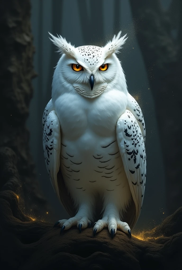 illuminate from the bottom light of the full moon,  a white owl:1.5, standing on a tree trunk, dark background is very dark night, hyper realistic image, masterpiece, mystery, mystic, imposing, majestic, HD, 8k